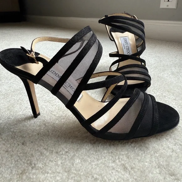SOLD Jimmy Choo Vora Suede And Mesh Black Strappy Sandals Size 38 New In Box - Picture 1 of 8